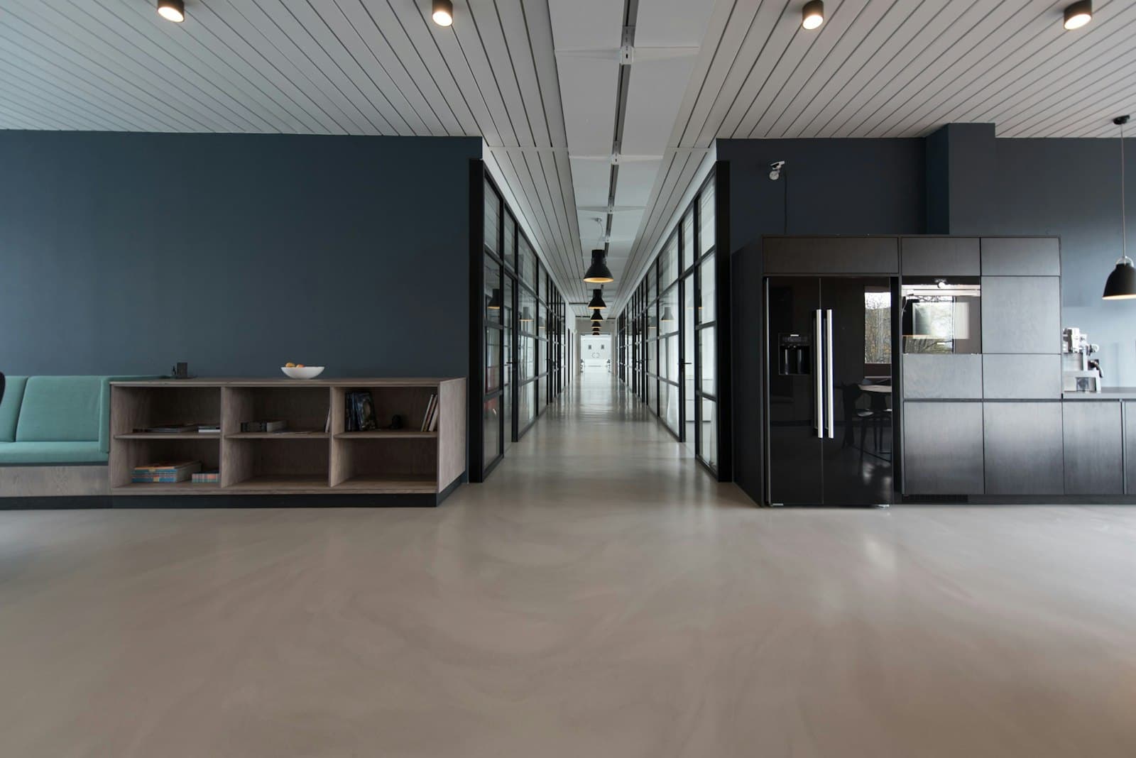 A navy-toned modern amenity space
